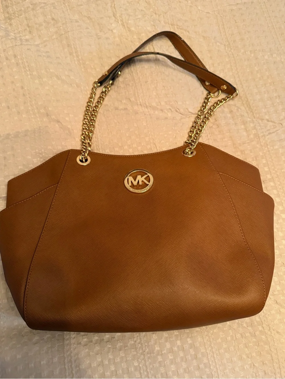 Michael Kors Cognac Saffiano Leather Tote with Gold Chain Straps